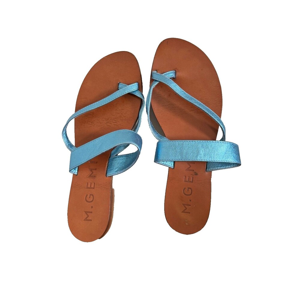 M.Gemi Metallic Blue Leather Strappy Flat Sandals Made in Italy Size 40